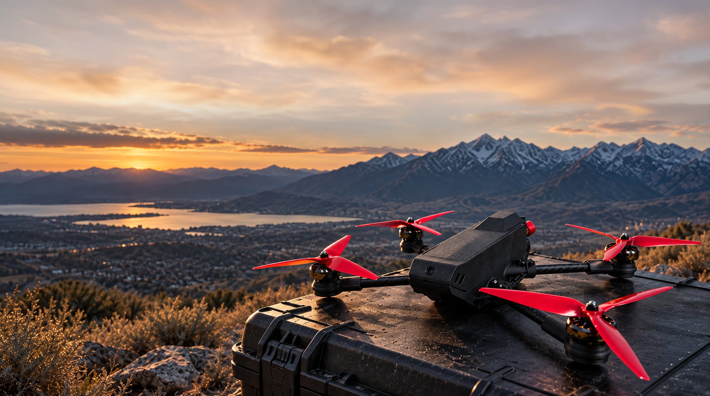 Lystrup Maher quadcopter on its field case at sunset